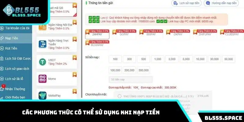 Các phương thức có thể sử dụng khi nạp tiền